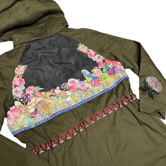 Desigual Jacket 6 Olive Green Parka‎ Victorian Gothic Hooded Embroidered Floral - Picture 16 of 16